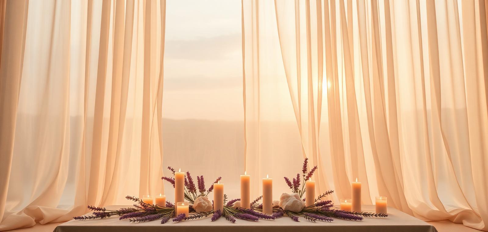 Altar espiritual con velas, cristales y lavanda en luz del amanecer